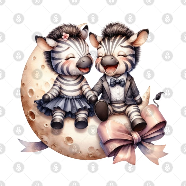 Valentine Happy Zebra Couple On Moon by Chromatic Fusion Studio