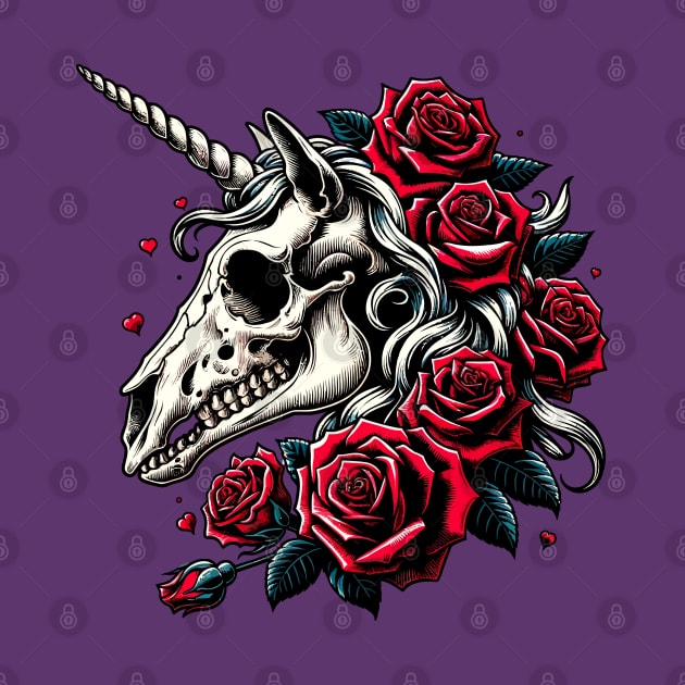 Unicorn skull with red roses by Art_Boys