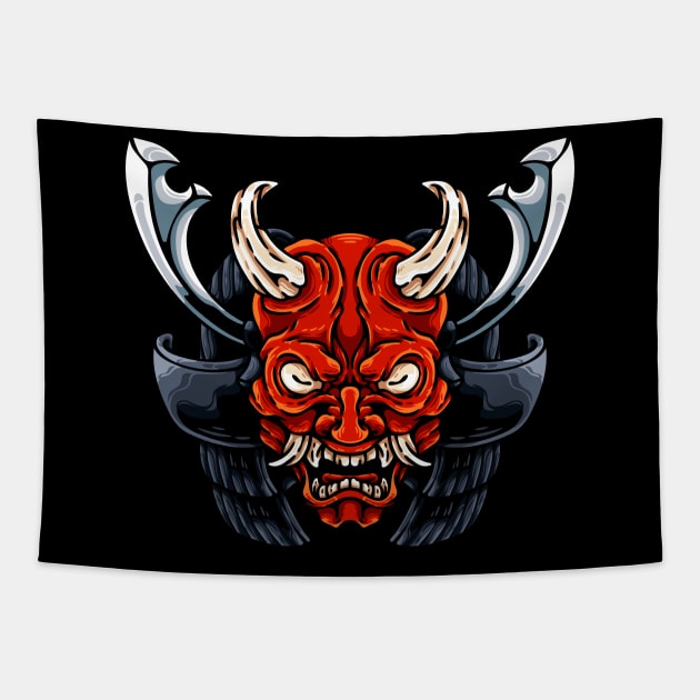 Oni And Samurai Helmet Tapestry by andhiika