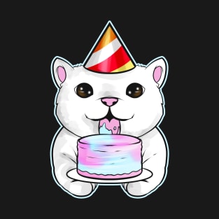 White Cat With Party Hat Licks A Birthday Cake On Purrsday T-Shirt