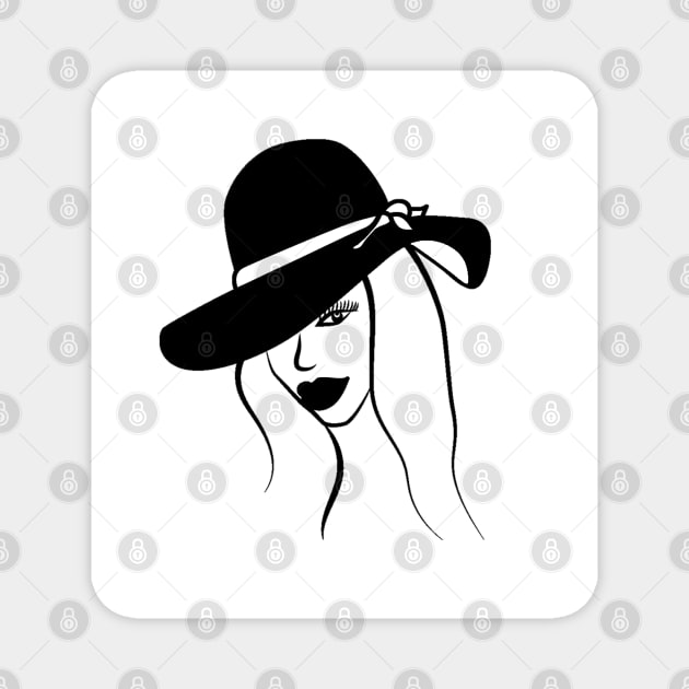 Black and white illustration of woman in hat Magnet by Spinkly