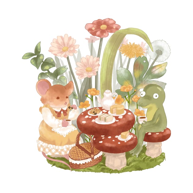 Cottagecore Mouse and Frog Having a Tea Party by Jieul