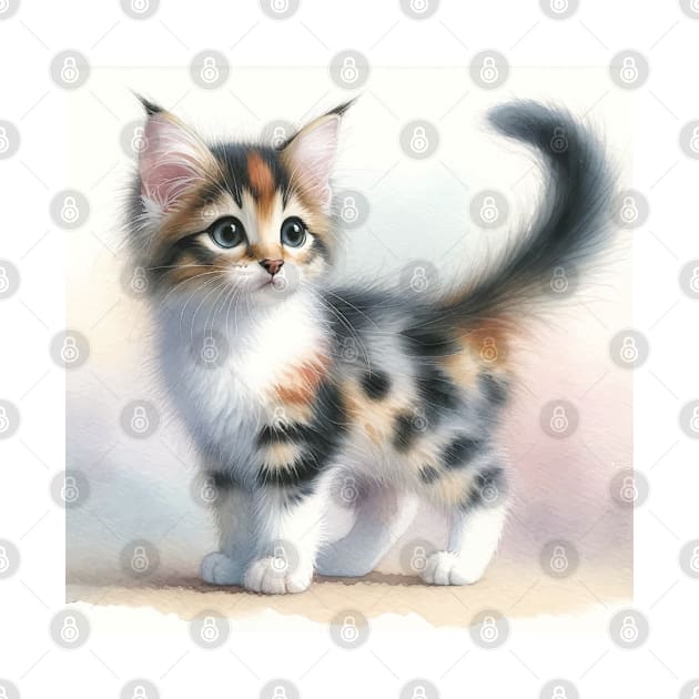 Japanese Bobtail Watercolor Kitten - Cute Kitties by Aquarelle Impressions