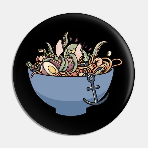 Tentacled Tug-of-War: Kraken Dragging a Ship in a Ramen Bowl Pin by Holymayo Tee