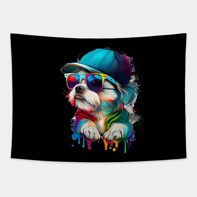 Colourful cool Malteser Terrier dog with sunglasses and Cap Tapestry by MLArtifex