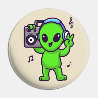 Cute Alien Listening Music With Boombox And Headphone Cartoon Pin