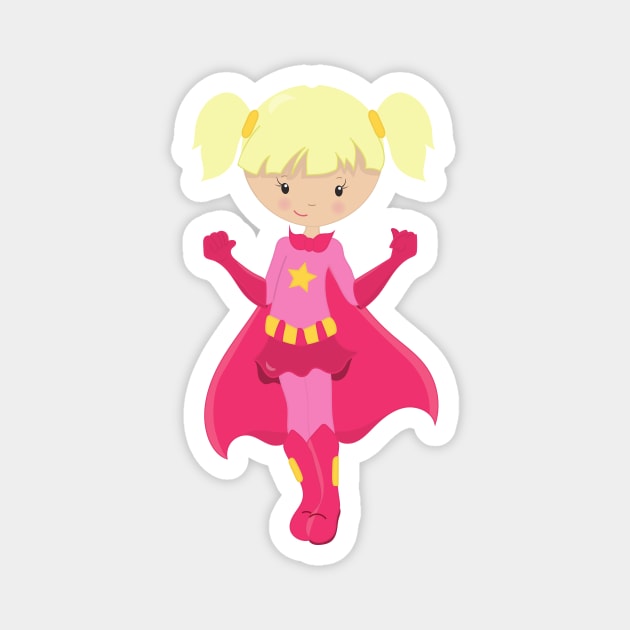 Superhero Girl, Blonde Hair, Pink Cape, Cute Girl Magnet by Jelena Dunčević