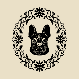 bulldog head with flower frame black design T-Shirt