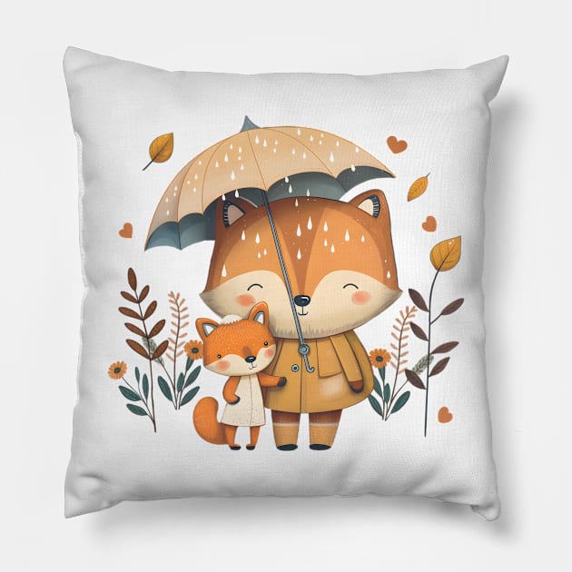 Cute Foxes Sharing an Umbrella Pink Pillow by Anicue