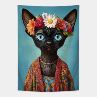 Flower Power Feline: Black Devon Rex Tapestry