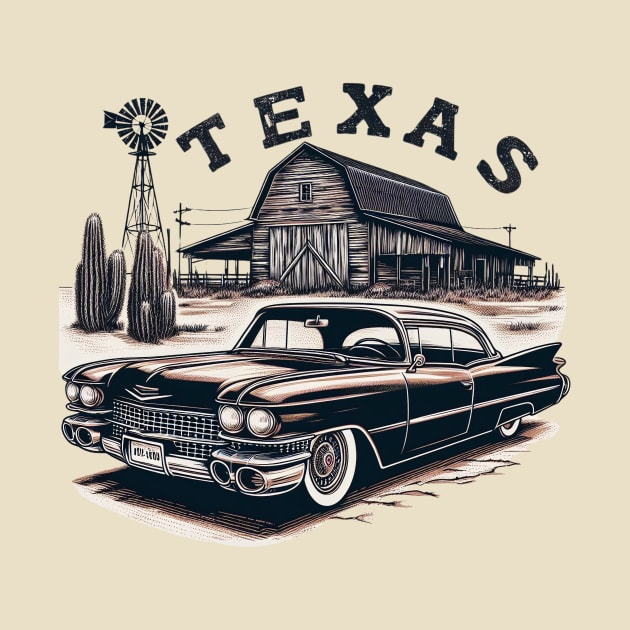 Vintage Cadillac in Texas: Retro T-Shirt with Lone Star Charm and Nostalgic Appeal! by Fusion Lab