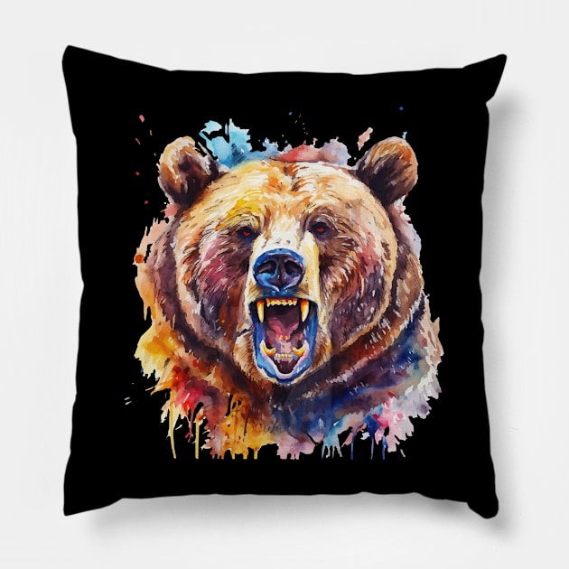 Grizzly Bear With Watercolors - Grizzly Bear Pillow by Anassein.os