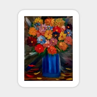 Some a lovely simple bouquet of flowers in blue vase Painted on a metallic gold and multiple colors blend. Magnet