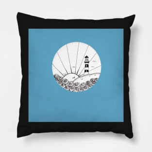 Whimsical Lighthouse Daylight Ink Illustration with a blue background Pillow