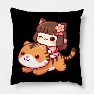 Cute Japanese Cat Riding on A Cute Tiger Pillow