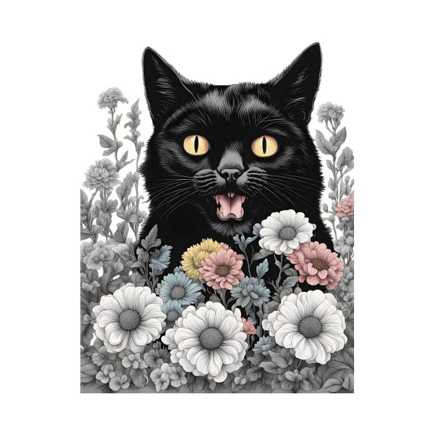 retro black cat flowers by CAFFEIN