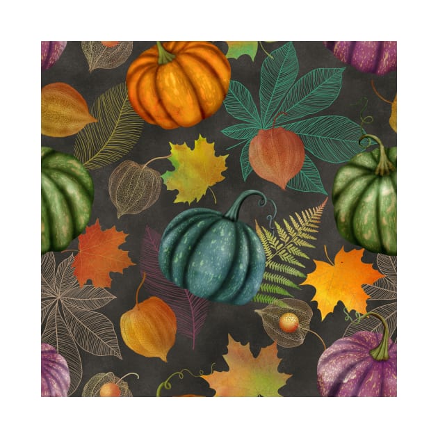 Colorful autumn watercolor seamless botanical pattern, Pumpkins, maple leaves, Physalis composition. Thanksgiving vibrant textural background by likapix