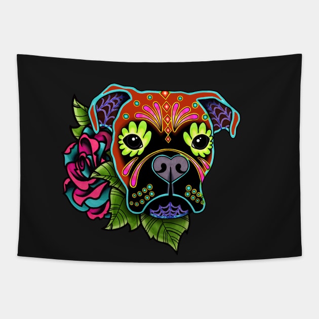 Boxer in Fawn - Day of the Dead Sugar Skull Dog Tapestry by prettyinink