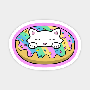 Cute white kitten eating a yummy looking rainbow doughnut with sprinkles on top of it Magnet