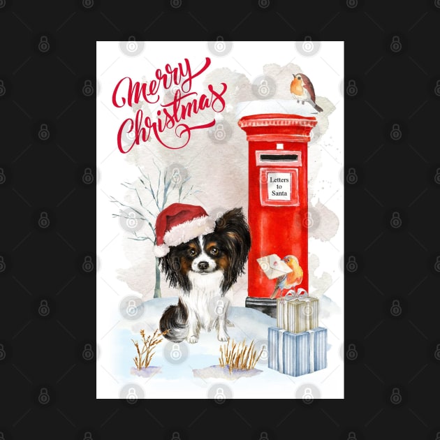 Black And White Papillon Merry Christmas Santa Dog by Puppy Eyes