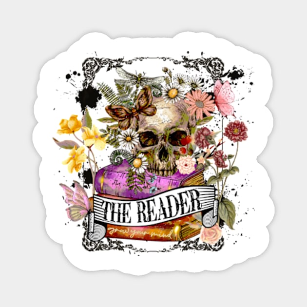 The Reader Cute Skull and Flowers Reader Bookworm Gifts 2024 Magnet by sarcasmandadulting