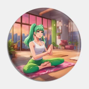 Anime girl with green hair is sitting on a pink yoga mat Pin