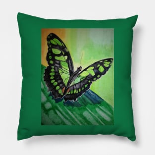 Green and black butterfly watercolour painting Pillow