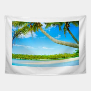 Tropical island lagoon with swinging palms trees Tapestry