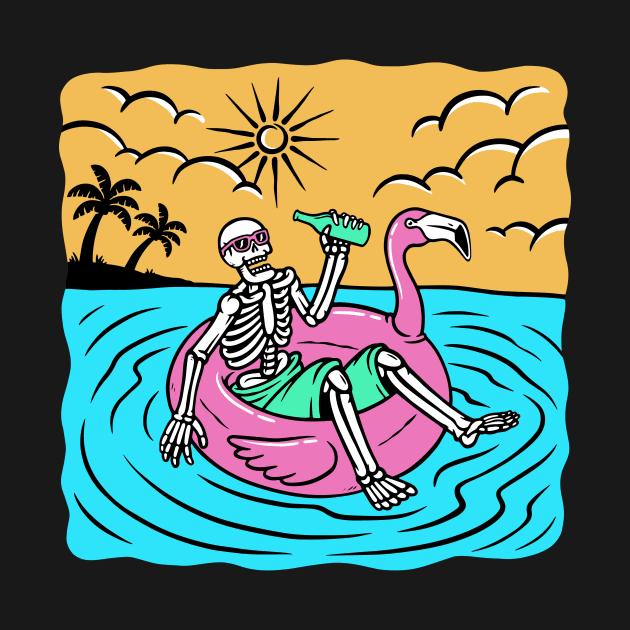 Summer Chillin' // Skeleton Lounging in the Sea on a Flamingo Floatie by SLAG_Creative