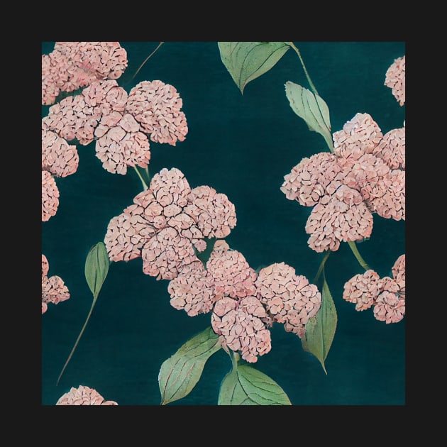 Pink Hydrangeas on Dark Green Floral Chiyogami Pattern by kansaikate