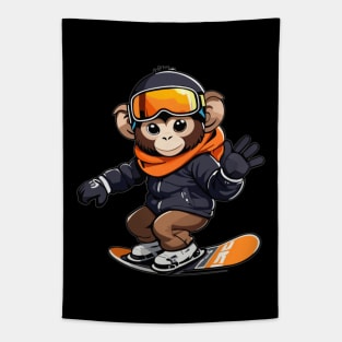 Cute Monkey Playing Snowboarding Tapestry