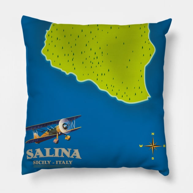 Salina, Sicily map travel poster Pillow by nickemporium1