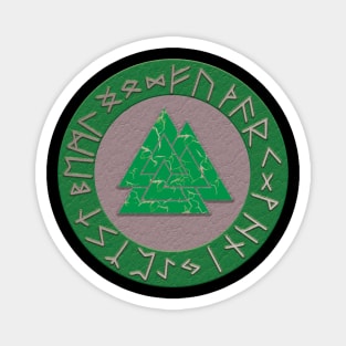 Vikings Distressed Valknut and Runes Green and Silver Magnet