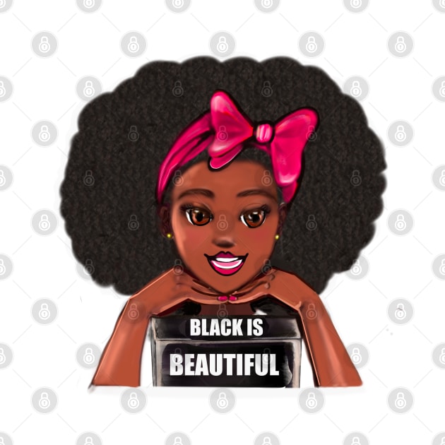 Queen Black is beautiful black girl with Big afro, pink bow, brown eyes and dark brown skin ! by Artonmytee