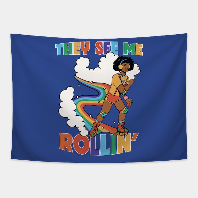 They See Me Rollin' // Funny Retro Rainbow Rollerblading Tapestry by SLAG_Creative