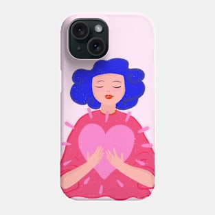 Blue hair girl with big pink heart Phone Case