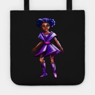 Anime girl with two puffs. Back lit. Black afro anime girl in purple from outer space ! beautiful  black girl with Braided hair, blue eyes, Cherry pink lips and dark brown skin. Hair love ! Tote