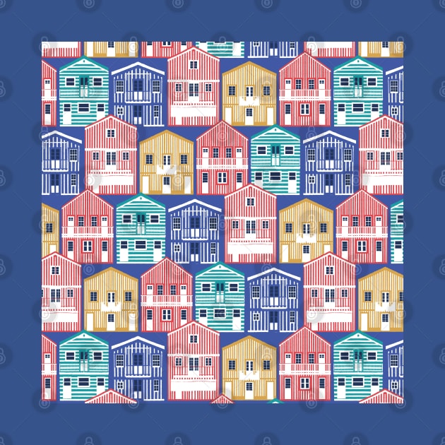 Colourful Portuguese houses // electric blue background yellow red blue and teal Costa Nova inspired houses by SelmaCardoso