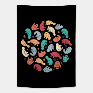 Cute Manatee Sea Cow - Retro Underwater Pattern Tapestry