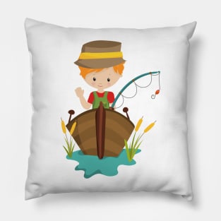 Fishing Boy, Fisherman, Fishing Rod, Orange Hair Pillow