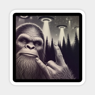 Funny Sasquatch Bigfoot Rock On Selfie With UFO Alien Magnet