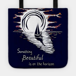 Something Beautiful is on The Horizon, Inspirational Linocut in Blue and Red Tote