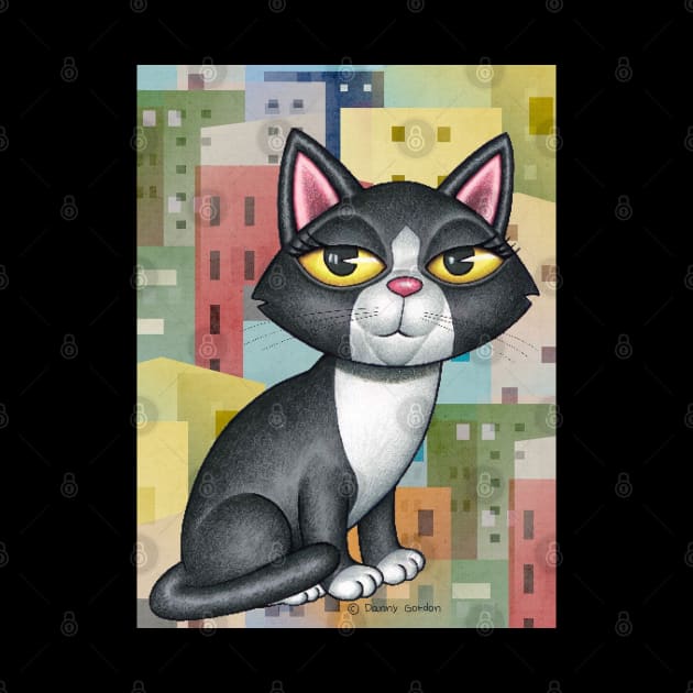 Black and white kitty cat with a cityscape with orange and yellow by Danny Gordon Art