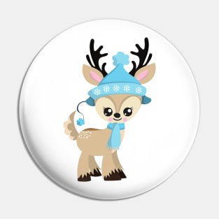 Christmas Reindeer, Cute Reindeer, Blue Hat, Xmas Pin