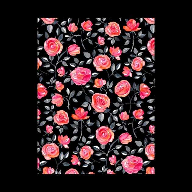 Roses on Black - a watercolor floral pattern by micklyn