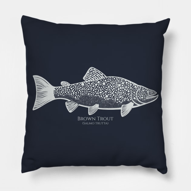 Brown Trout with Common and Latin Names - on dark colors Pillow by Green Paladin