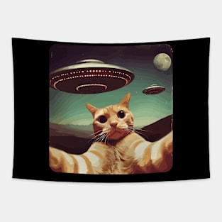 Funny Cat In Space Selfie With UFOs Behind Tapestry