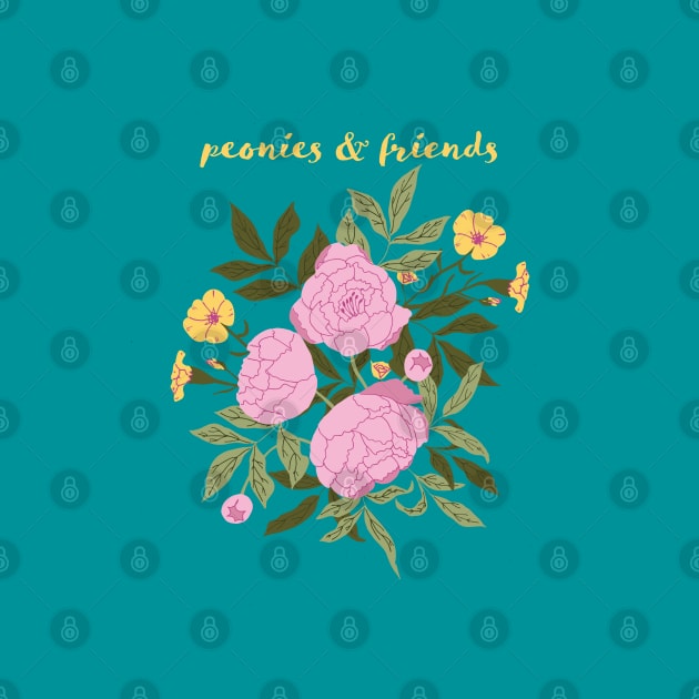 Peonies and friends green background by Aidi Riera