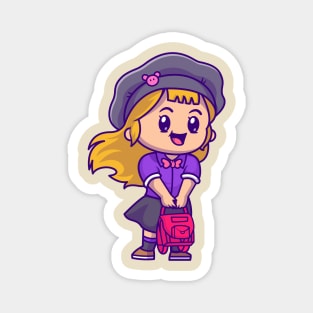 Cute Girl With Bag And Wearing Hat Cartoon Magnet