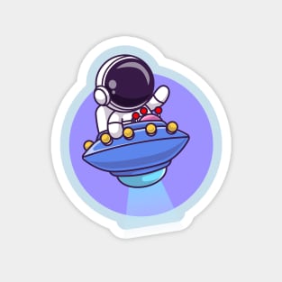Cute Astronaut Riding Ufo Cartoon Magnet
